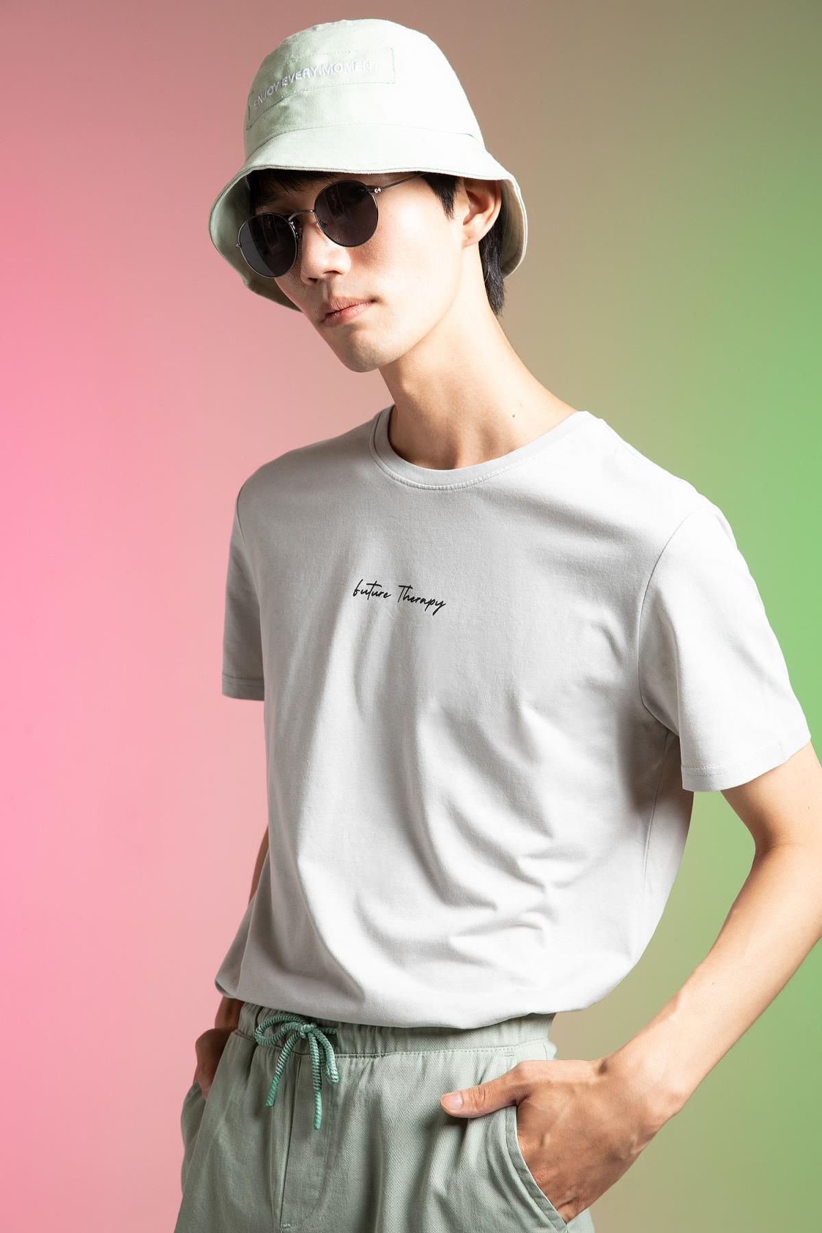 Slim Fit Bisiklet Yaka Baskılı %100 Pamuk Tişört