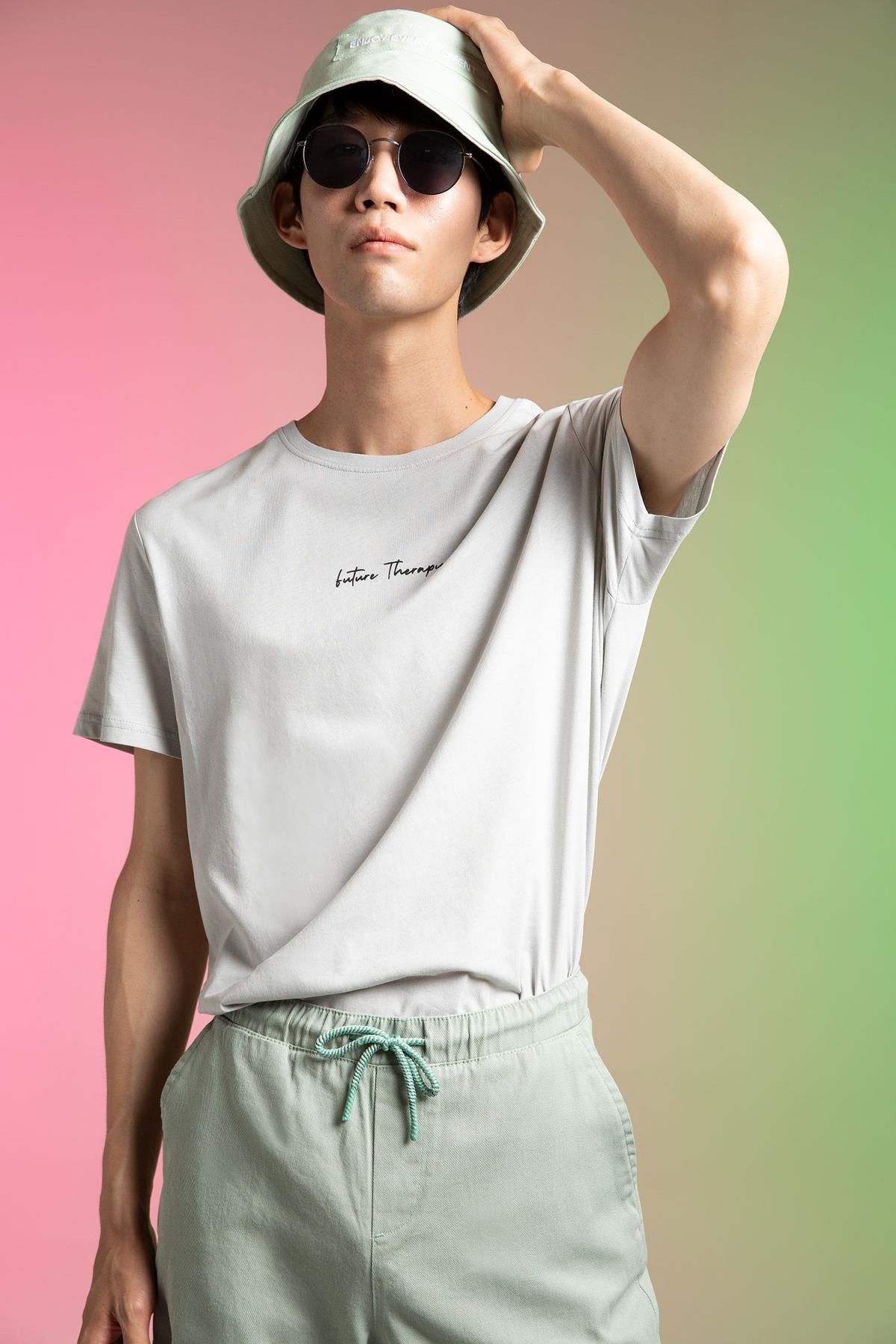 Slim Fit Bisiklet Yaka Baskılı %100 Pamuk Tişört
