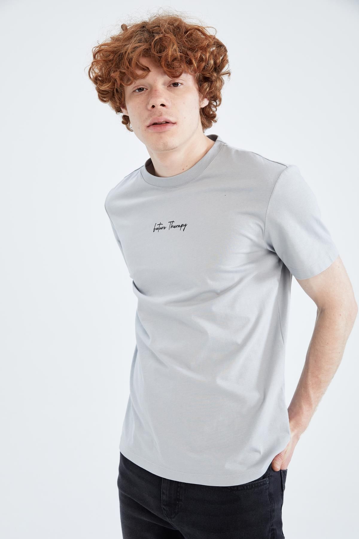 Slim Fit Bisiklet Yaka Baskılı %100 Pamuk Tişört
