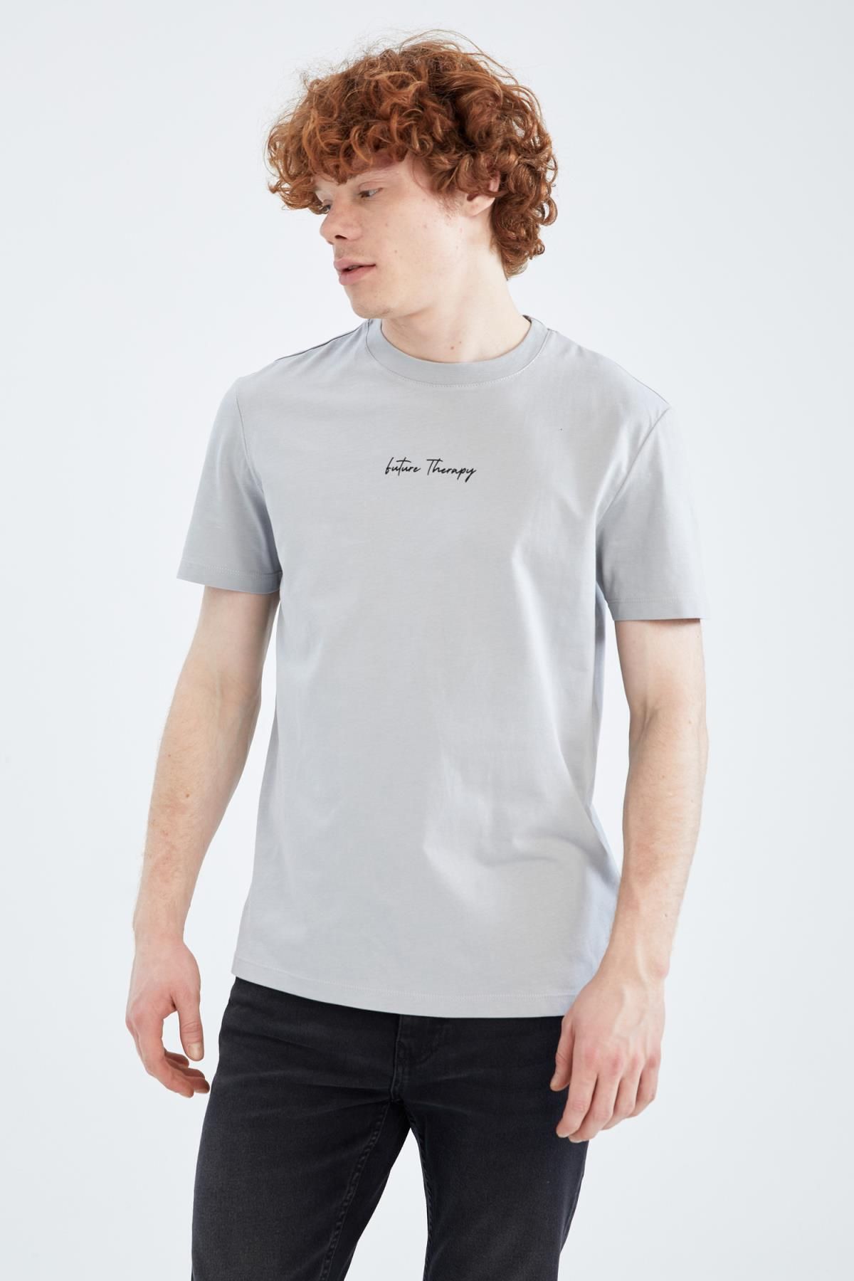 Slim Fit Bisiklet Yaka Baskılı %100 Pamuk Tişört